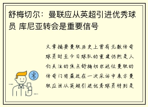 舒梅切尔：曼联应从英超引进优秀球员 库尼亚转会是重要信号