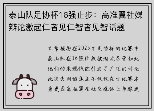 泰山队足协杯16强止步：高准翼社媒辩论激起仁者见仁智者见智话题