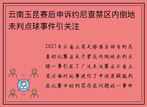 云南玉昆赛后申诉约尼查禁区内倒地未判点球事件引关注